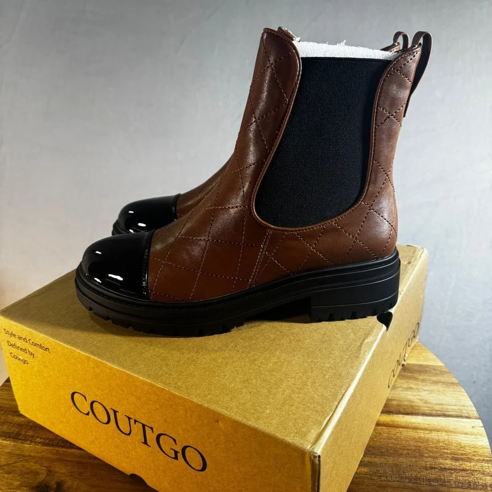 Coutgo Quilted Chelsea Boots Brown Black Patent Cap Toe Lug Sole Size 7.5 NEW‎